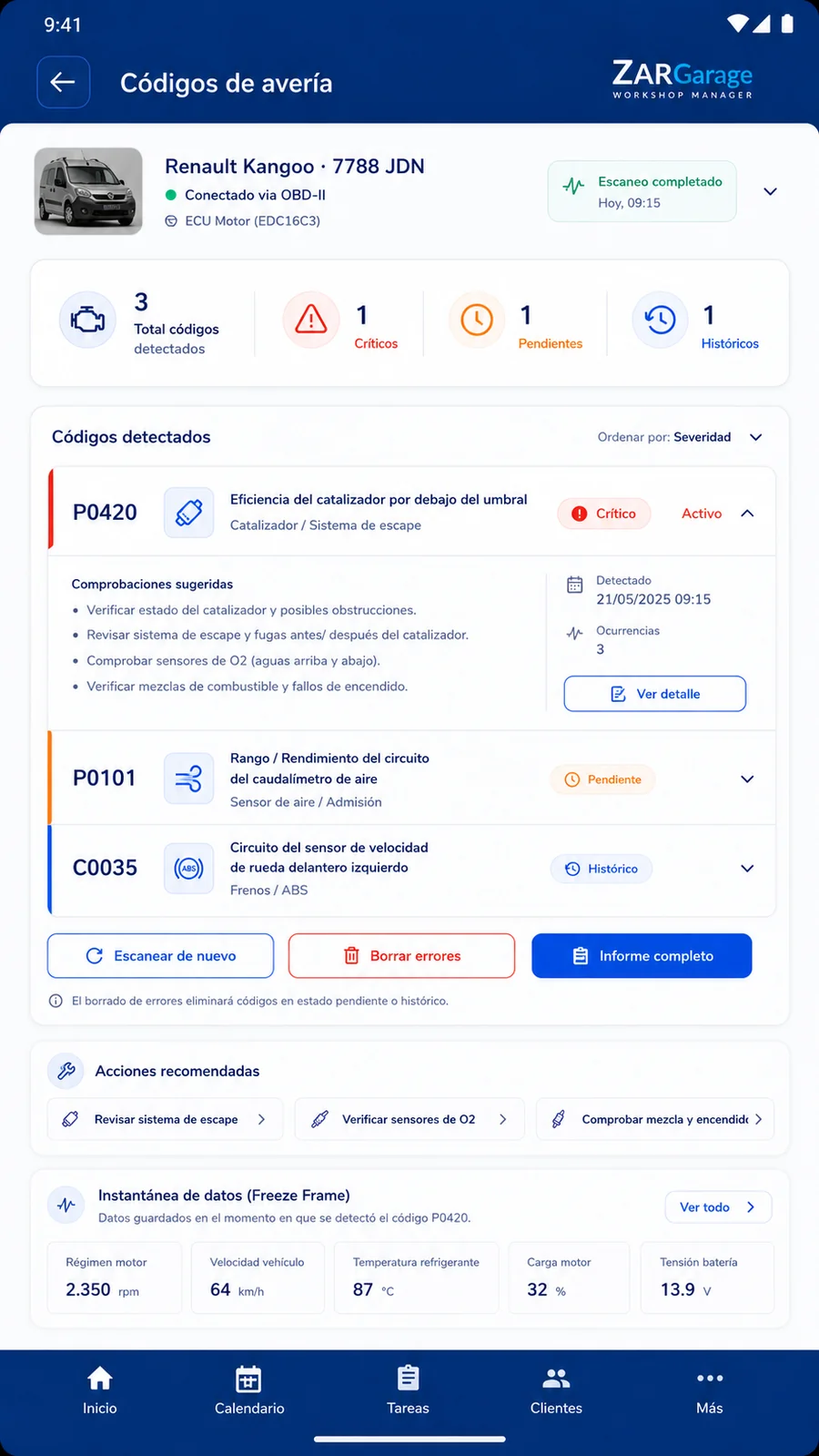Códigos de avería OBD en ZARGarage Android