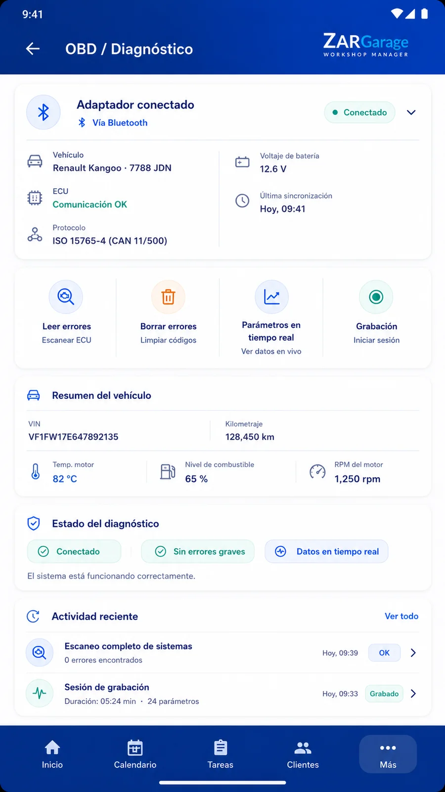 Resumen de diagnóstico OBD en ZARGarage Android