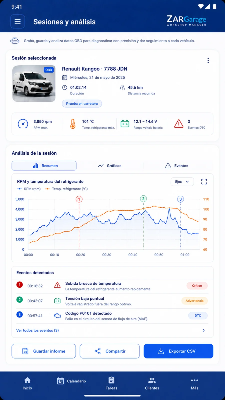 Historial de sesiones OBD en ZARGarage Android